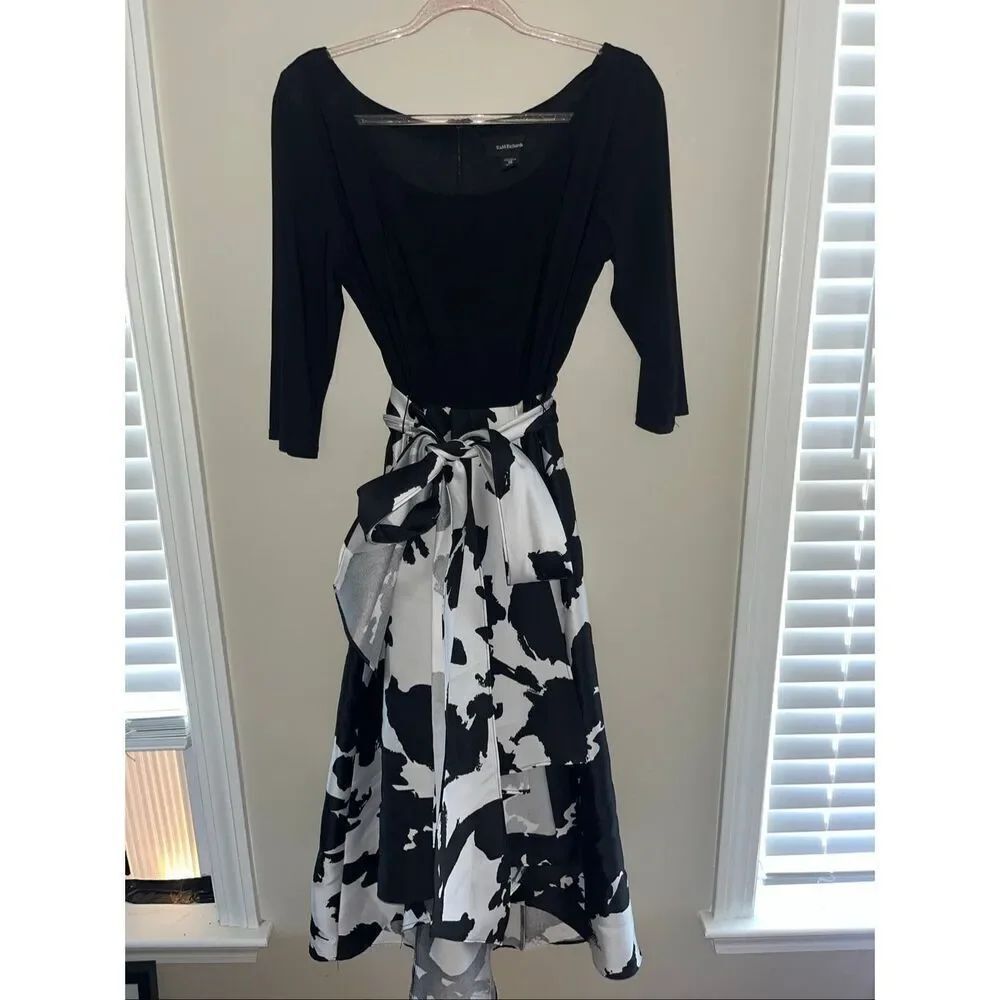 R & M Richards black and white floral high-low dress 3/4 sleeves size 12 - Picture 2 of 4